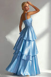 Blush A-Line Spaghetti Straps Long Prom Dress with Ruffles