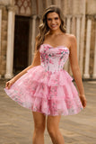 White Blue Flower A-Line Corset Tiered Strapless Short Homecoming Dress