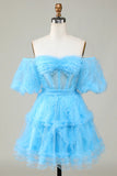 Stylish A Line Off the Shoulder Purple Tulle Corset Homecoming Dress