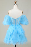Stylish A Line Off the Shoulder Purple Tulle Corset Homecoming Dress