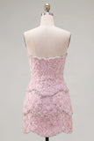 Pearl Floral Sweetheart Pink Bodycon Short Homecoming Dress with Beading