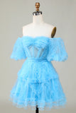 Stylish A Line Off the Shoulder Purple Tulle Corset Homecoming Dress