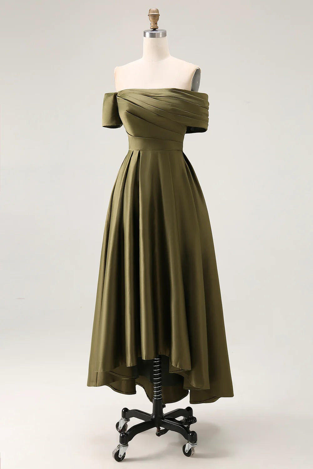 ZAPAKA Women Olive Long Mother of the Bride Dress A-Line Off the Shoulder Ruched Satin Evening Dress, Olive / US18W