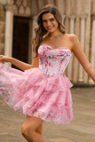 White Blue Flower A-Line Corset Tiered Strapless Short Homecoming Dress