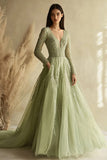 Dusty Sage A Line Long Sleeve V-Neck Tulle Long Prom Dress