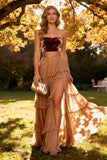 Khaki Sweetheart Tiered Ruffled A-Line Chiffon Maxi Dress with Slit