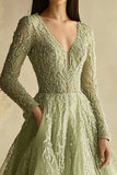 Dusty Sage A Line Long Sleeve V-Neck Tulle Long Prom Dress