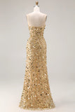 Sparkly Pink Sheath Strapless Corset Sequin Long Prom Dress with Slit