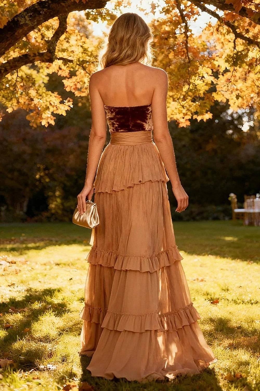 ZAPAKA Women Sweetheart Khaki Wedding Guest Dress with Slit Tiered A-Line Ruffled Chiffon Maxi Dress, Khaki / US22W