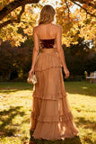 Khaki Sweetheart Tiered Ruffled A-Line Chiffon Maxi Dress with Slit