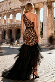 Khaki Leopard One Shoulder Mermaid Long Prom Dress