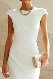 White Mermaid Round Neck Midi Prom Dress with Cap Sleeves