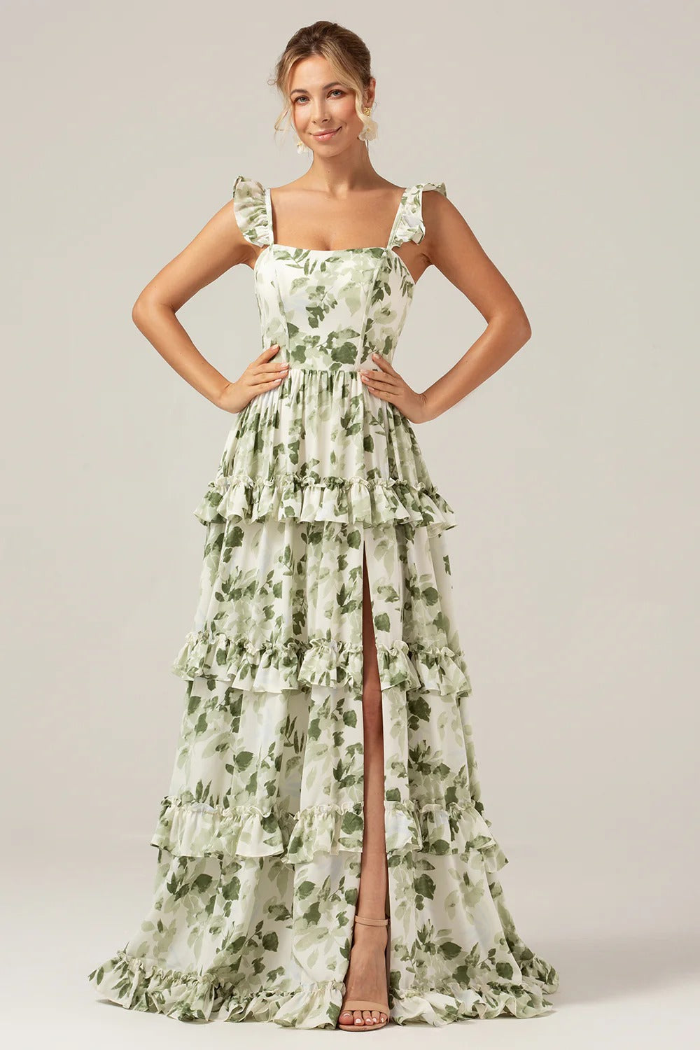slim fit dress slacks Zapaka Women Grey Green Printed Flower Bridesmaid Dress with Slit Square Neck Chiffon Wedding Guest Dress, Dusty Sage / US20W main image 1