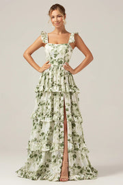 Green A Line Tiered Lace Up Back Long Satin Floral Dress with Slit