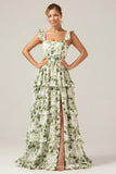Green A Line Tiered Lace Up Back Long Satin Floral Dress with Slit