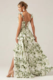 Green A Line Tiered Lace Up Back Long Satin Floral Dress with Slit