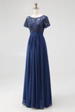 Navy A-Line Boat Neck Lace Appliques Chiffon Long Mother Of the Bride Dress with Short Sleeves
