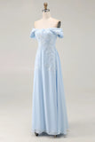 Elegant Sky Blue Off the Shoulder Chiffon Sheath Long Mother of the Bride with Lace Appliques