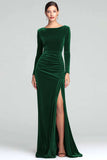 Burgundy Sheath Velvet Boat Neck Holiday Party Dress With Long Sleeves