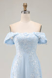Elegant Sky Blue Off the Shoulder Chiffon Sheath Long Mother of the Bride with Lace Appliques