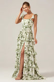 Green A Line Tiered Lace Up Back Long Satin Floral Dress with Slit