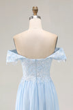 Elegant Sky Blue Off the Shoulder Chiffon Sheath Long Mother of the Bride with Lace Appliques