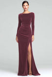 Burgundy Sheath Velvet Boat Neck Holiday Party Dress With Long Sleeves