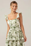 Green A Line Tiered Lace Up Back Long Satin Floral Dress with Slit