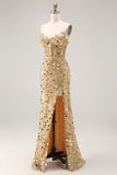 Sparkly Red Strapless Sheath Sequins Corset Long Prom Dress with Slit