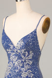 Sparkly Sheath Spaghetti Straps Dark Blue Short Homecoming Dress with Embroidery