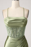 Army Green Mermaid Cowl Neckline Sequin Long Prom Dress With Slit