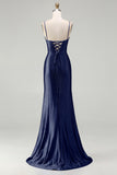 Royal Blue Mermaid Beaded Satin Long Prom Dress with Slit