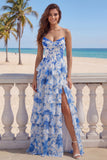 Blue White Flower A-Line Tiered Corset Long Prom Dress with Slit