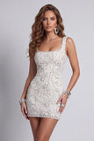 Sparkly White Pearl Thick Straps Beaded Floral Tight Short Homecoming Dress