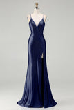Royal Blue Mermaid Beaded Satin Long Prom Dress with Slit