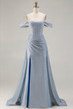 Sparkly Off The Shoulder Mermaid Corset Dusty Blue Satin Long Prom Dress with Slit