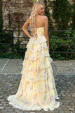 Yellow Strapless A-line Corset Bodice Floral Long Prom Dress with Chiffon Ruffle Skirt