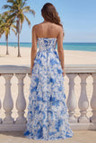 Blue White Flower A-Line Tiered Corset Long Prom Dress with Slit