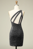 Bling Sheath One Shoulder Fuchsia Sequins Short Homecoming Dress