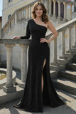 Black One Shoulder Mermaid Satin Mother Of The Bride Dress with Slit