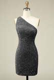 Bling Sheath One Shoulder Fuchsia Sequins Short Homecoming Dress
