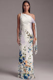 Asymmetrical Neck Black Mermaid Printed Ruched Floral Dress
