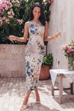 Midnight Bloom Black Ruched Mesh Sleeveless Midi Floral Dress