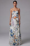 Printed Spaghetti Straps Black A Line Floral Dress