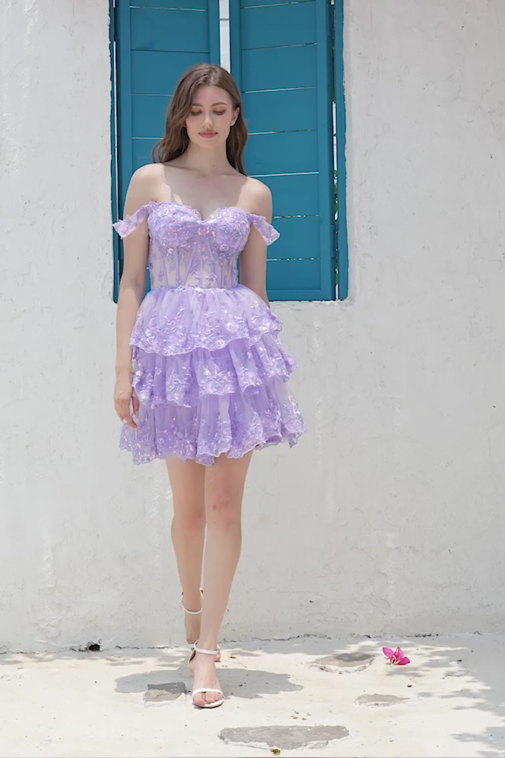 Zapaka Women Sparkly Purple Corset Tiered Short Homecoming Dress