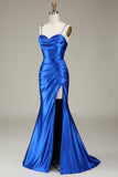 Royal Blue Mermaid Spaghetti Straps Long Prom Dress With Slit