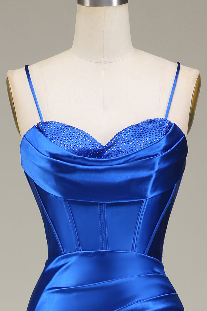 Royal Blue Mermaid Spaghetti Straps Corset Satin Long Prom Dress with Slit