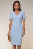 Black Bodycon V-Neck Midi Work Dress with Short Sleeves