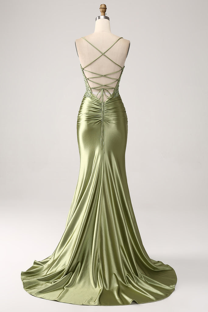 Hot Selling Dusty Sage Prom Dress with Spaghetti-Straps and Mermaid Long Side Slit Ruffles