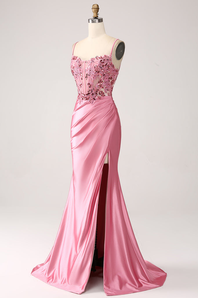 ZAPAKA Women Pink Satin Mermaid Corset Prom Dress with Slit Spaghetti